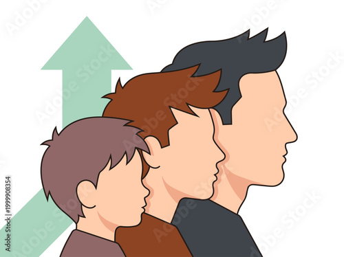 Conceptual Illustration of Male Growth and Aging Process Showing Stages from Childhood to Adulthood with an Upward Success Arrow