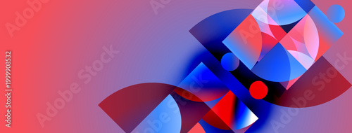 Abstract composition featuring overlapping shapes, vibrant colors. Red, blue hues dominate design, creating dynamic visual effect.