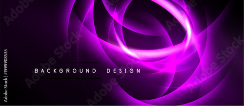 Abstract purple lines create dynamic swirling effect. Dark background emphasizes bright neon glow, modern design element.