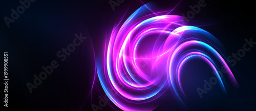 Abstract swirls, vibrant pinks, blues radiate from center. Dark background emphasizes glowing energy, dynamic composition.