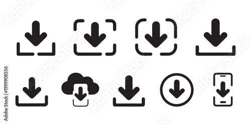 Set of black download icon in flat style isolated on transparent background, download button symbol.