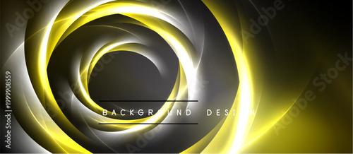 Abstract swirling lines create dynamic golden, silver effect. Dark background emphasizes bright central focus, modern design element.