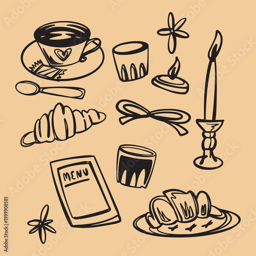 cafe set illustration with handdrawn style