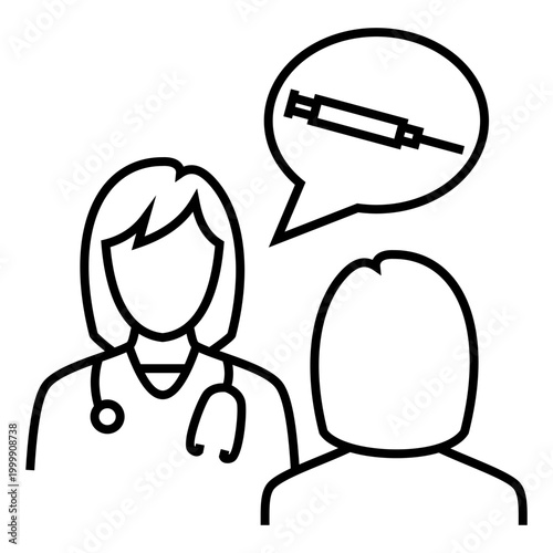 Medical consultation illustration showing doctor and patient discussing vaccination, healthcare advice, immunization planning, and clinical communication concept.