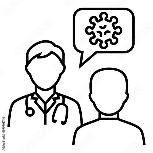 Doctor Consultation Virus Diagnosis Line Icon with a virus symbol in a speech bubble, representing infection diagnosis, medical advice, and healthcare communication.