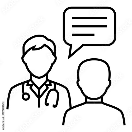 Outline icon showing a doctor with stethoscope consulting a patient with a speech bubble. Ideal for healthcare, medical services, telemedicine, and communication concepts.