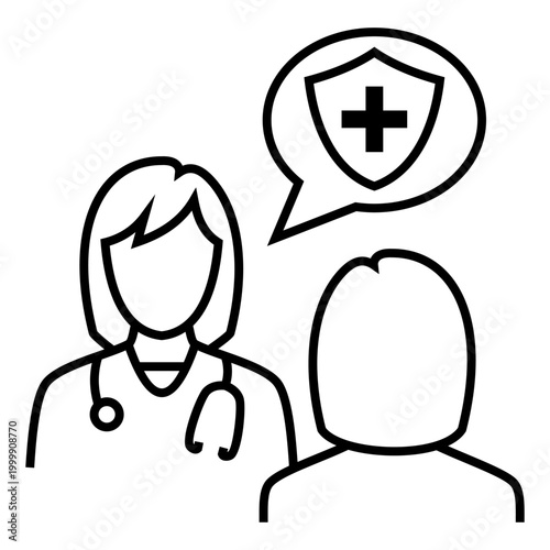 Doctor Consultation with Patient Line Icon, representing healthcare advice, protection, and professional medical support.