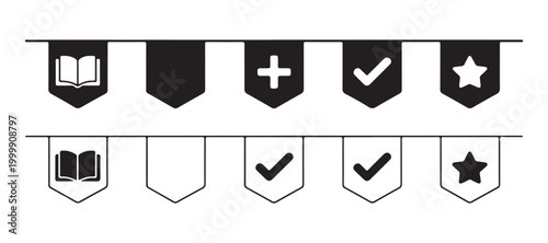 Bunting banner bookmarks with various status symbols like star check mark plus and book icon for web interface.