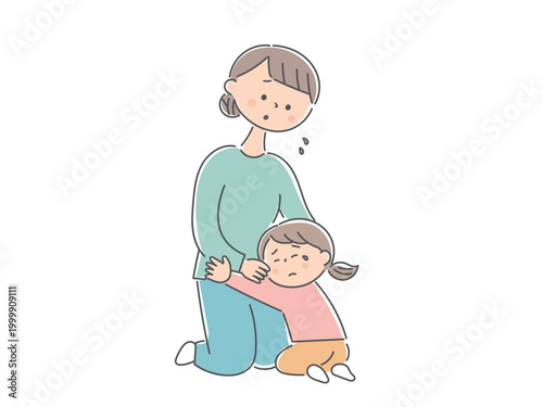 不安そうな母親にしがみつく子ども