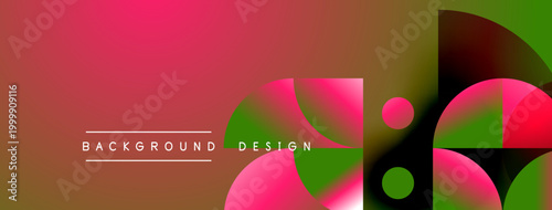 Abstract vibrant background. Overlapping circles, squares create dynamic visual effect. Pink, green, brown hues dominate composition. Text reads background design.