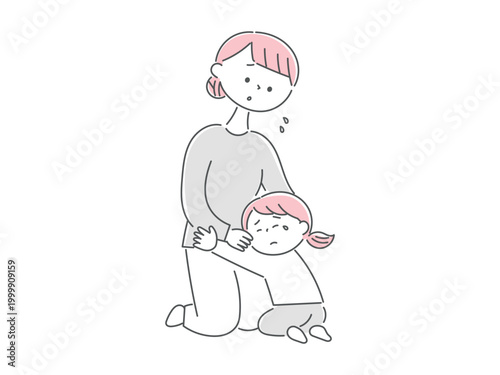 不安そうな母親にしがみつく子ども単色