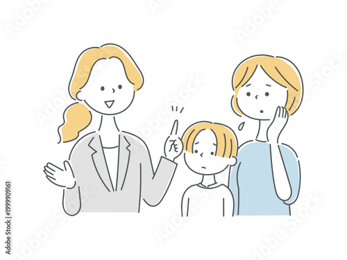 カウンセラーに相談する不安そうな母親と男の子単色