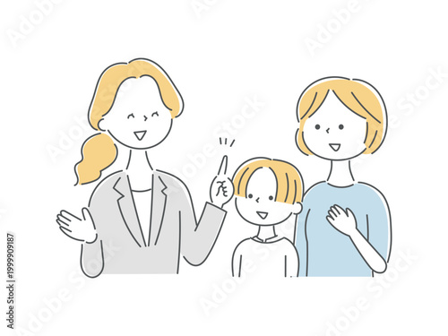 カウンセラーに相談して安心する母親と男の子単色