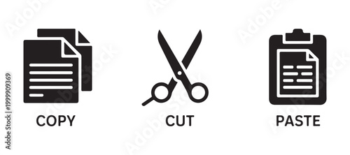 Minimalist vector set of copy cut paste icons with black document scissors and clipboard on grey background.