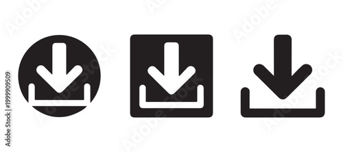 Black circle and square download icons showing down arrow with tray isolated on transparent background vector.