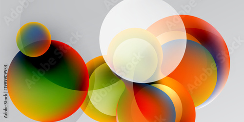 Abstract circles overlap, creating vibrant color blends. Gradient hues shift across forms, set against dark background.