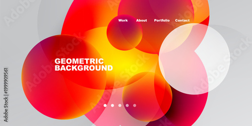 Abstract geometric background. Vibrant red, orange, pink hues blend. Navigation links present. Modern design elements visible.