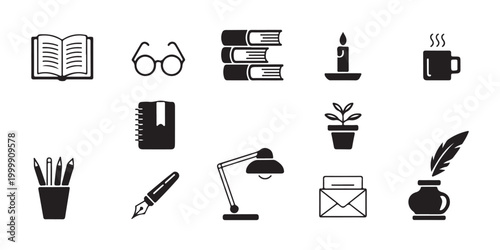Collection of black vector icons for office and study items including book, glasses, candle, mug, plant, and desk lamp.