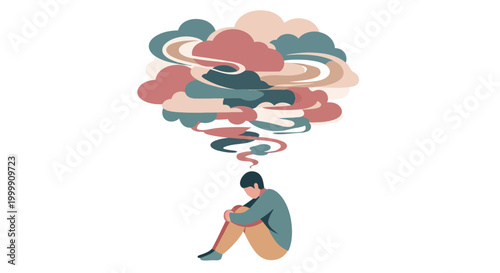 Sad person sitting alone with swirling thought clouds overhead