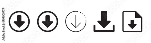 Black circle download arrow icons with thin line and bold styles for website navigation and software interface.