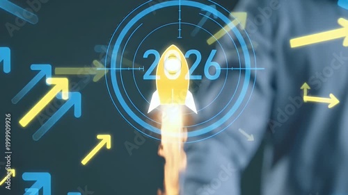 Businessman Launching Virtual Rocket for 2026 Growth Goals