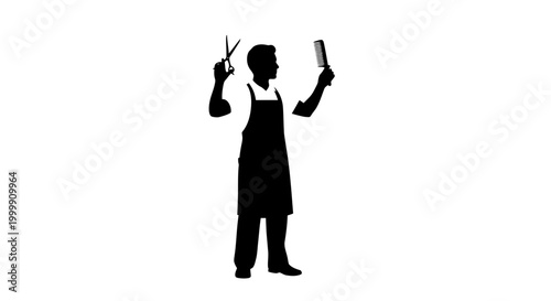 Barber holding scissors and comb silhouette.