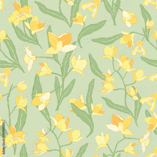 Yellow Orchid Seamless Pattern on Sage Green Background