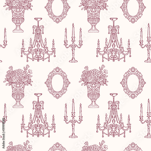 Rococo seamless vector pattern with candelabras, chandelier, candles, floral vase and mirror in elegant hand drawn vintage baroque interior design