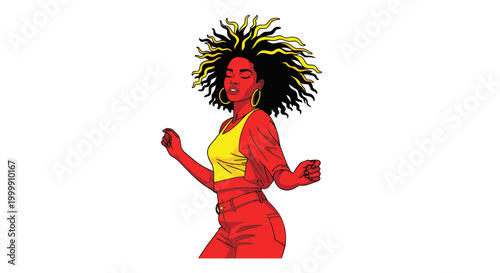 Vibrant Woman Dancing with Afro Hair, Energetic Movement, Celebration