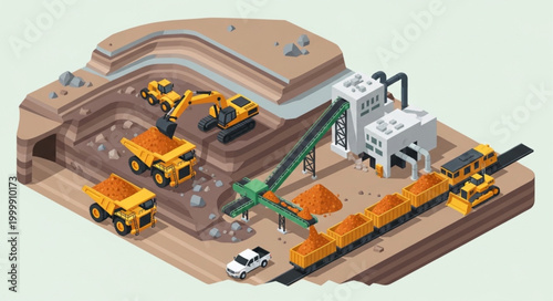 Illustration of an open pit mine with heavy machinery and processing plant.