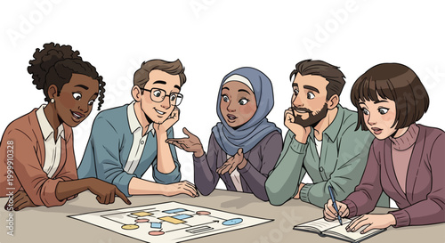 A diverse group of young professionals collaborates around a table, intensely analyzing a detailed flowchart during a brainstorming session.