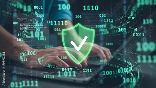 Hands Typing on Laptop with Digital Data Security Shield Overlay