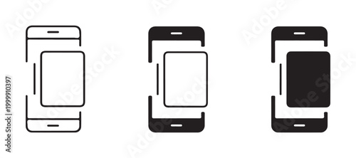 Smartphone screen duplication vector icons in outline, stroke, and filled styles for mirroring functionality.