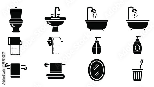 Bathroom fixtures and accessories depicted in a dark silhouette