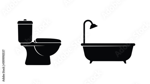 Black bathroom fixtures including a toilet and bathtub silhouette