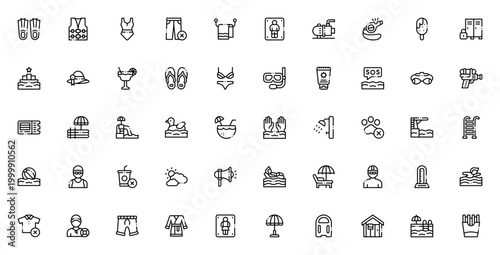 Swimming pool icon set. Minimal vector collection. Includes flippers, life jacket, swimsuit, towel, locker, bikini, sun block, water slide, float, diving platform, ball, lifeguard, and more.