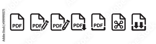 Pdf file format icons collection for document management editing sharing and downloading digital information.