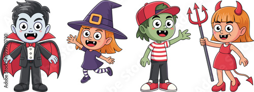 Cute halloween kids characters set, vampire witch zombie devil costumes, cartoon spooky children vector illustration collection