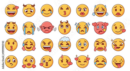 Collection of expressive emoji faces conveying various emotions.