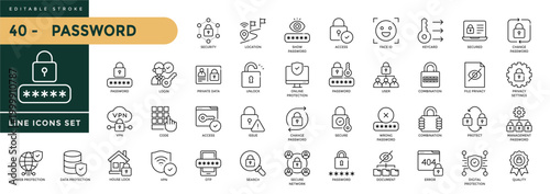 A collection of Password icons set with editable stroke, including code, 2FA, fingerprint, login, access, secure, passcode, encryption. Thin linear vector illustration.