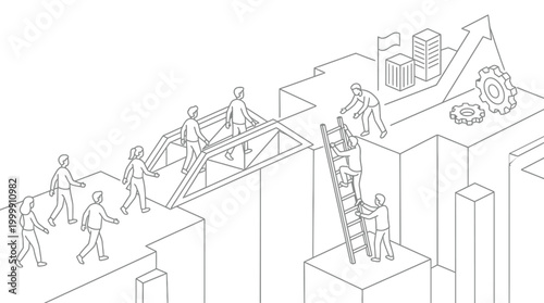 Isometric line art illustration of people collaborating to overcome challenges and achieve business growth, symbolizing teamwork and progress.