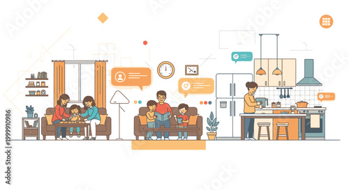 Illustration of a family with two adults and three children in a modern living room and kitchen with a warm color scheme and various household items.