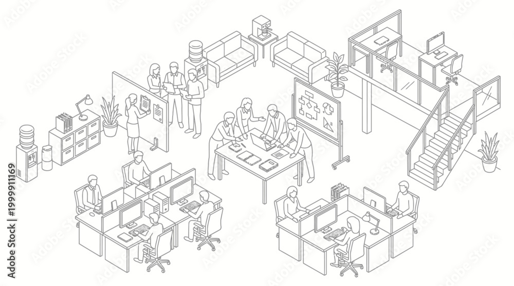 Obraz premium Isometric line drawing of a bustling modern office environment with people working, collaborating, and meeting in various open-plan and communal spaces.