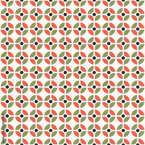 Mid Century Modern Retro Seamless Pattern with Abstract Leaves and Floral Geometry
