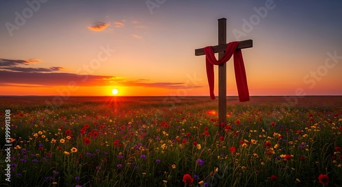 Pixelated cross in a field at sunset