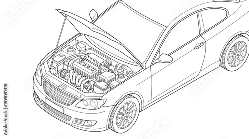 Line drawing of a car with its hood open, showing the engine compartment.