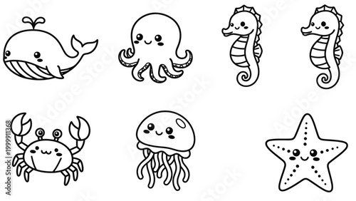 Cute Kawaii Sea Animals Outline Set. Adorable Ocean Creatures for Coloring Books and Kids' Designs.