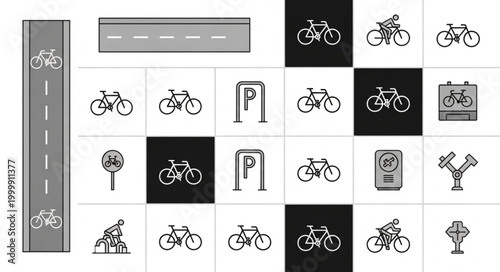 Collection of Bicycle Icons and Road Symbols.