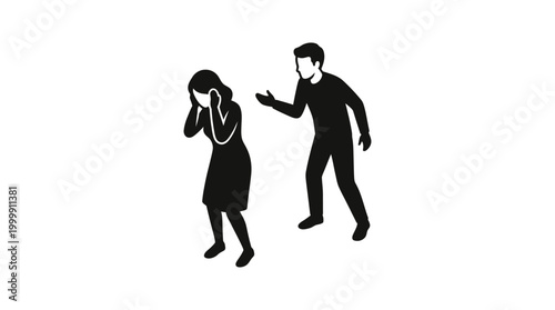 Silhouette illustration of a man aggressively confronting a distressed woman covering her ears, symbolizing conflict, domestic dispute, or emotional abuse.