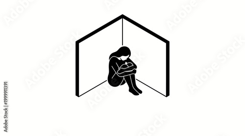 A minimalist black and white illustration of a solitary person huddled in a corner, depicting feelings of isolation, sadness, and confinement.